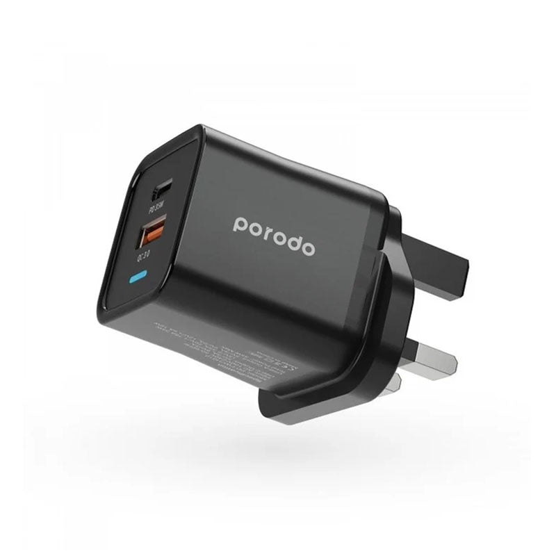 Porodo Dual Port PD + USB-A ( 35W+18W) Charger, Black Porodo Dual Port PD + USB-A ( 35W+18W) Charger, Black